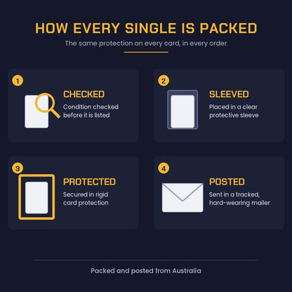 How every Collecting Corner single card is packed: condition checked, sleeved, secured in rigid protection, posted tracked